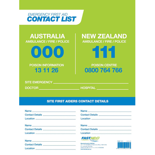 WORKWEAR, SAFETY & CORPORATE CLOTHING SPECIALISTS - FIRST AID CONTACTS LIST, 600 X 400MM