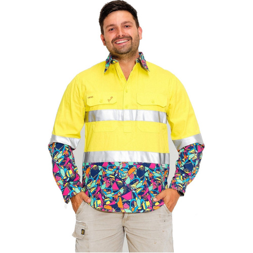 WORKWEAR, SAFETY & CORPORATE CLOTHING SPECIALISTS - MENS VENTURA HI VIS DAY/ NIGHT 1/2 PLACKET YELLOW WORKSHIRT