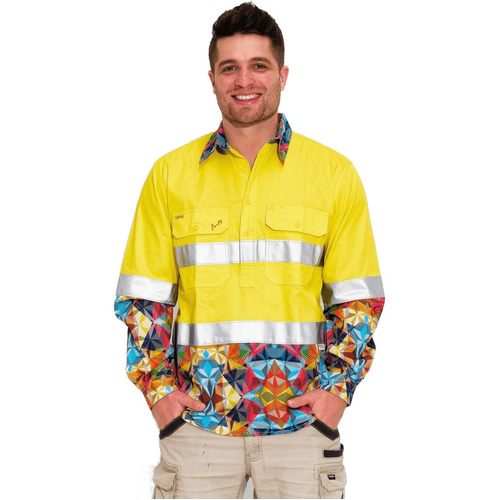 WORKWEAR, SAFETY & CORPORATE CLOTHING SPECIALISTS MENS FRACTAL HI VIS DAY/ NIGHT YELLOW 1/2 PLACKET WORKSHIRT